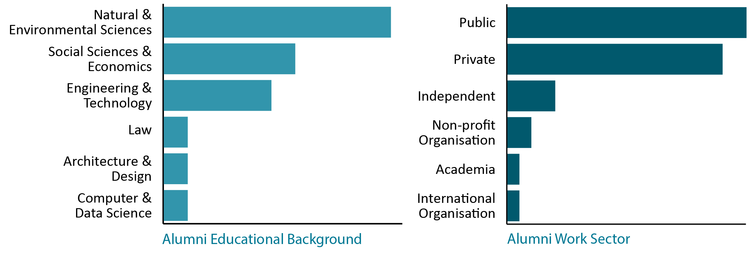 Alumni Background Graphics. Left Graphic: Share of Alumni Educational Background in decreasing order: Natural & Environmental Sciences, Social Sciences & Economics, Engineering & Technology, Law, Architecture & Design,  Computer & Data Science. Right Graphic Alumni Work Sectors in decreasing order: public, private, independent, non-profit organisation, academia, international organisation.